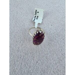 Rose Pink Dahlia Oval Stone Ring Silver Tone Magenta Gold Flakes Size 6